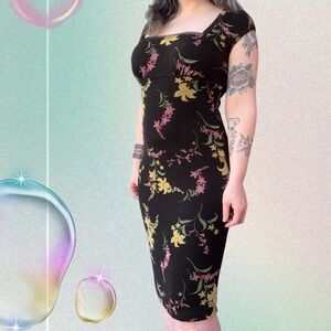 vtg 90s bcbgmaxazria whimsygoth floral micro mesh bodycon midi dress, sz md MINT